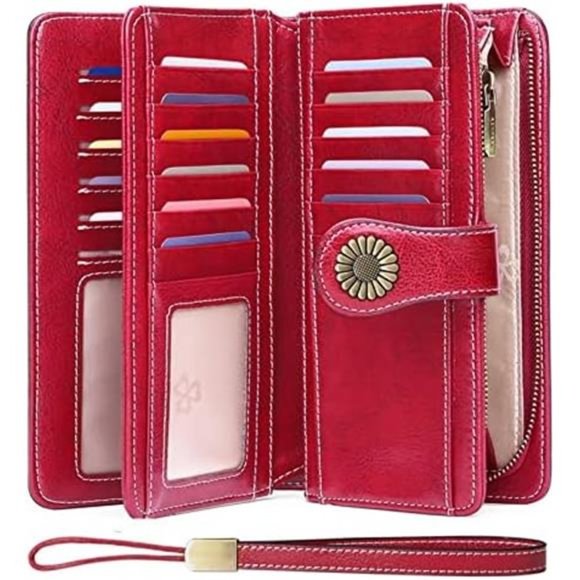 Wallets for Women Genuine Leather Credit Card Holder 1-Wax-Red-1
